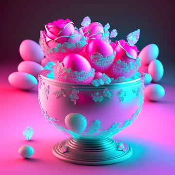Neon 3d image of eggs with pink roses on a crystal bowl with diamonds in the sky - generative ai