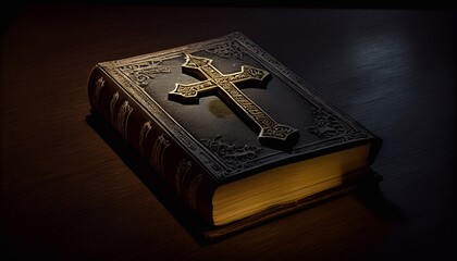 Black Bible with a cross on the cover on a table in a dark room. Generative AI.