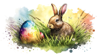 Easter bunny in a flower meadow in a watercolor style on a white background. Generative AI,