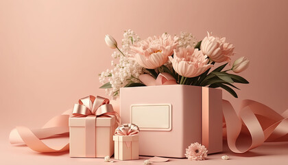 Gift box with flowers on pink background. Happy Mother's Day or Birthday concept. Generative AI