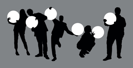 black silhouette of diverse young people with round shape placards easy to change. Any inscription for your needs. Thank you, love, save, sale, etc. poster, advertisement, store, game, forum