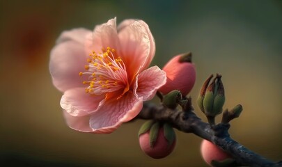 Obraz na płótnie Canvas a pink flower with yellow stamens on a branch. generative ai