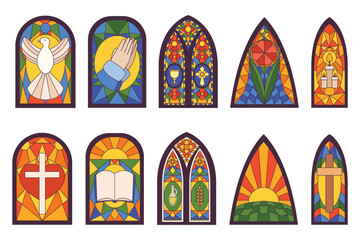 Set Of Church Stained Arched Windows Isolated Icons. Cathedral Mosaic Glasses With Spiritual Symbols Cross, Dove