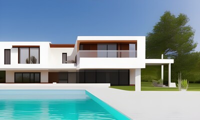 Fototapeta premium Maison moderne avec piscine avec un beau ciel bleu