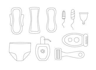 Set of feminine hygiene items. PMS and menstruation outline illustration.	