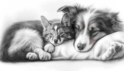 border collie puppy and cat cuddle - obrazy, fototapety, plakaty