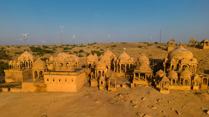 Aerial view of historic Royal Cenotaphs called Bada Bagh near Jaisalmer city, Rajasthan.