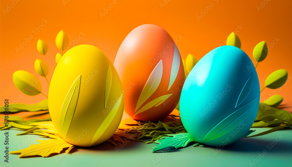Aufkleber group of three colorful eggs sitting on top of grass. generative ai.