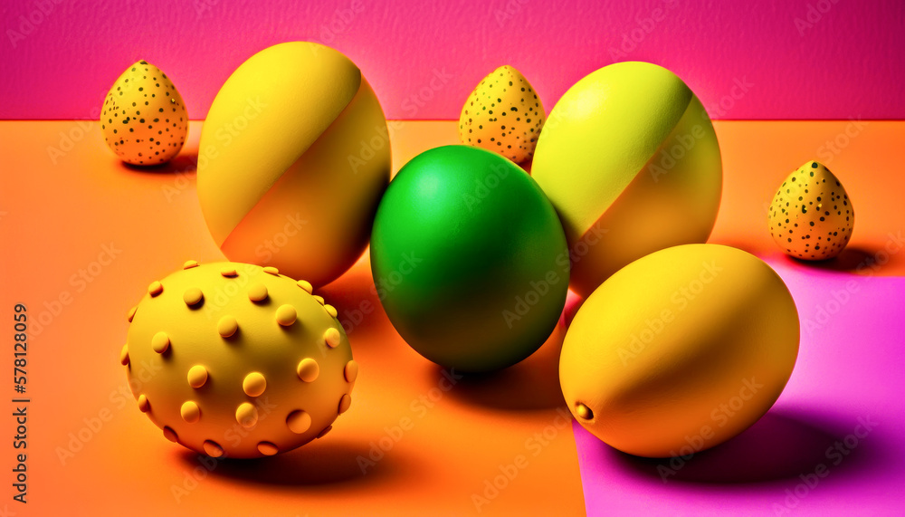 Poster group of colorful eggs sitting on top of table. generative ai.