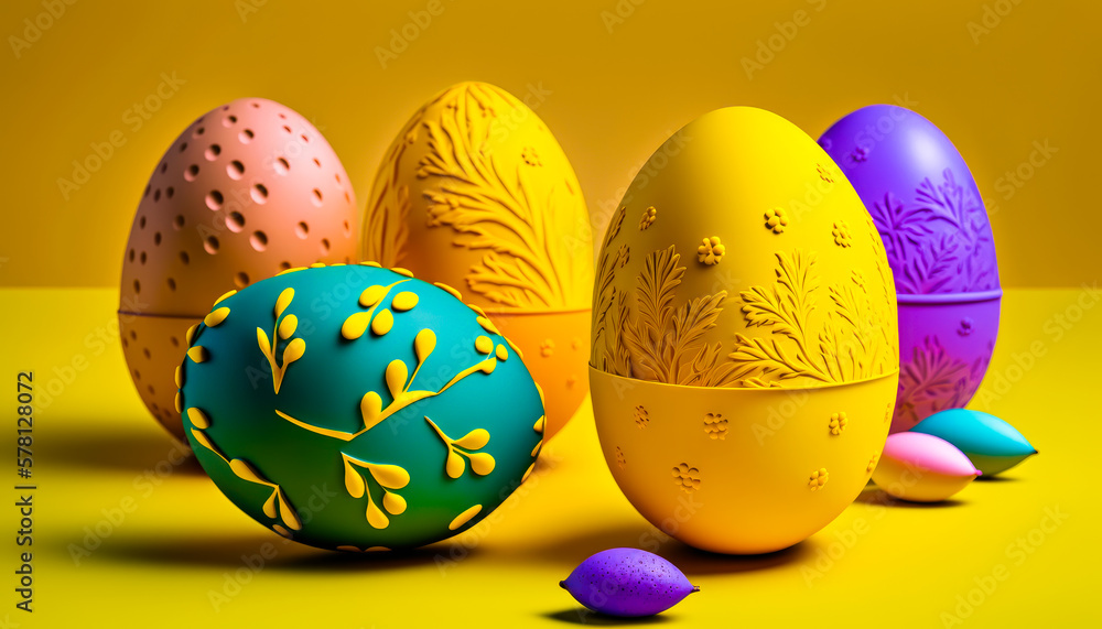 Poster group of colorful eggs sitting on top of table. generative ai.
