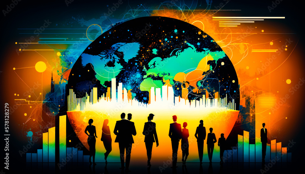 Poster group of people standing in front of globe. generative ai.