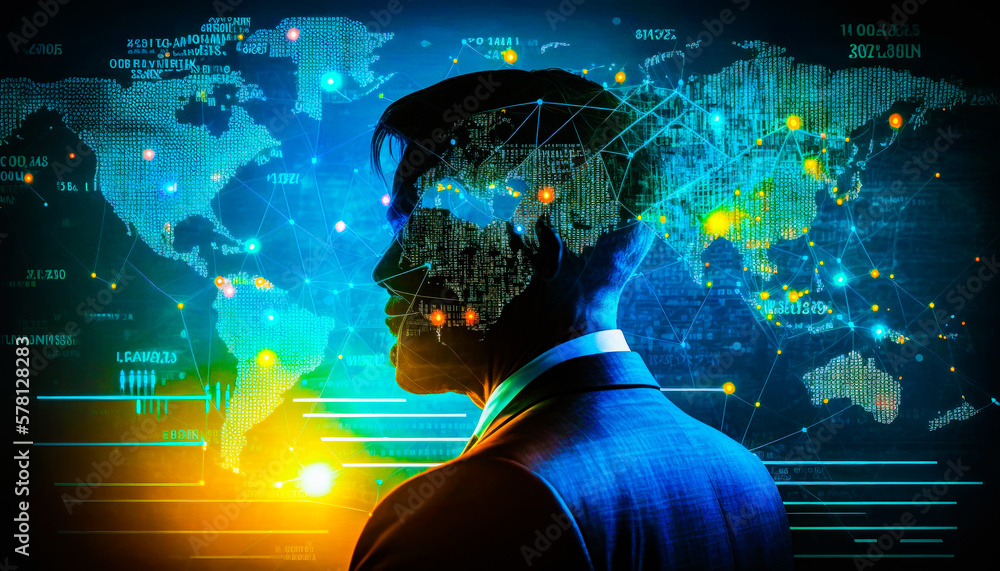 Aufkleber man in suit and tie looking at world map. generative ai.