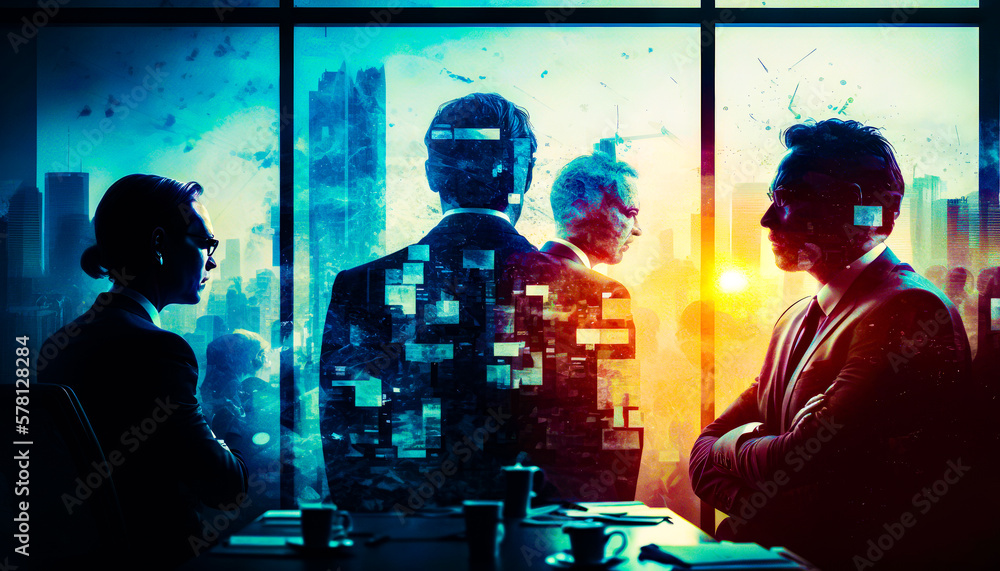 Poster group of people standing in front of window. generative ai.