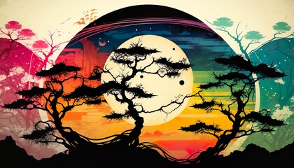 Full moon colored ultrafine detailed japanese bonzai cedar trees illustration painting background wallpaper created with generative AI technology