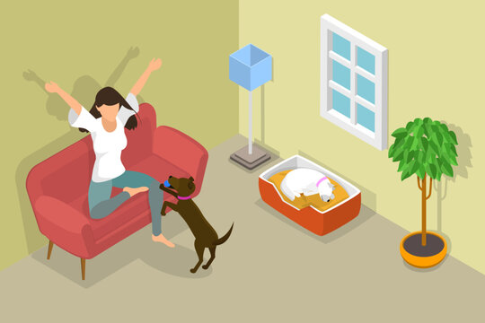 3D Isometric Flat Vector Conceptual Illustration of Pet at Home, People and Domestic Animals