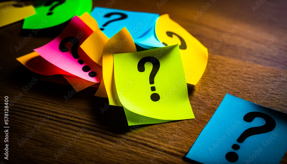 Poster bunch of colorful paper with question marks on them. generative ai.