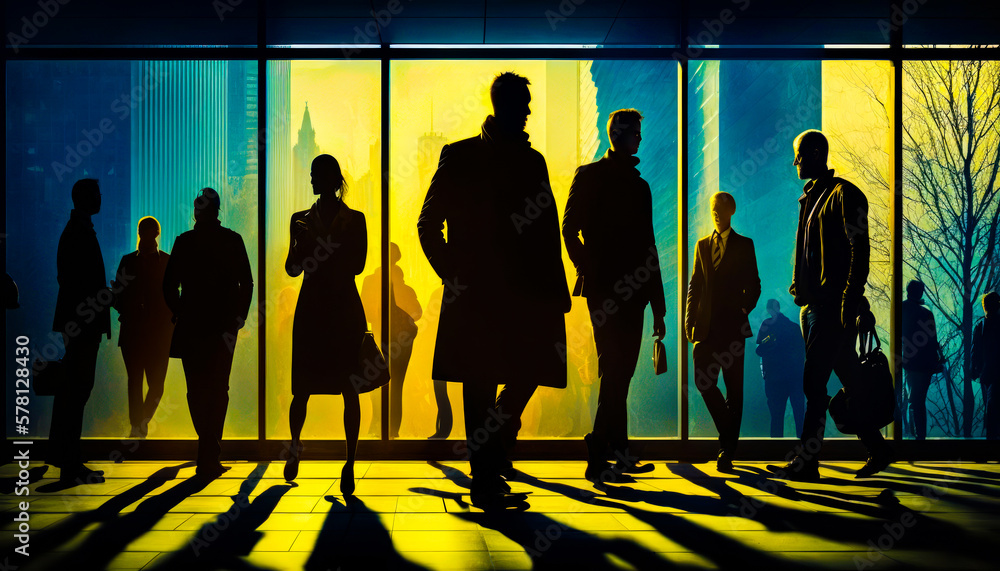 Poster group of people standing in front of window. generative ai.