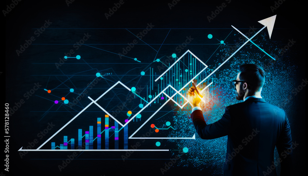 Poster man in suit pointing at chart. generative ai.