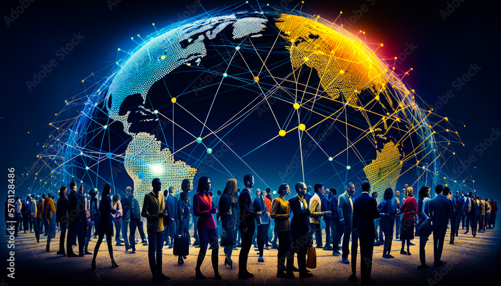 Poster group of people standing in front of globe. generative ai.