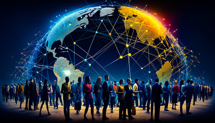 Group of people standing in front of globe. Generative AI.