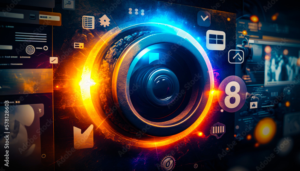 Poster close up of camera with blurry background. generative ai.