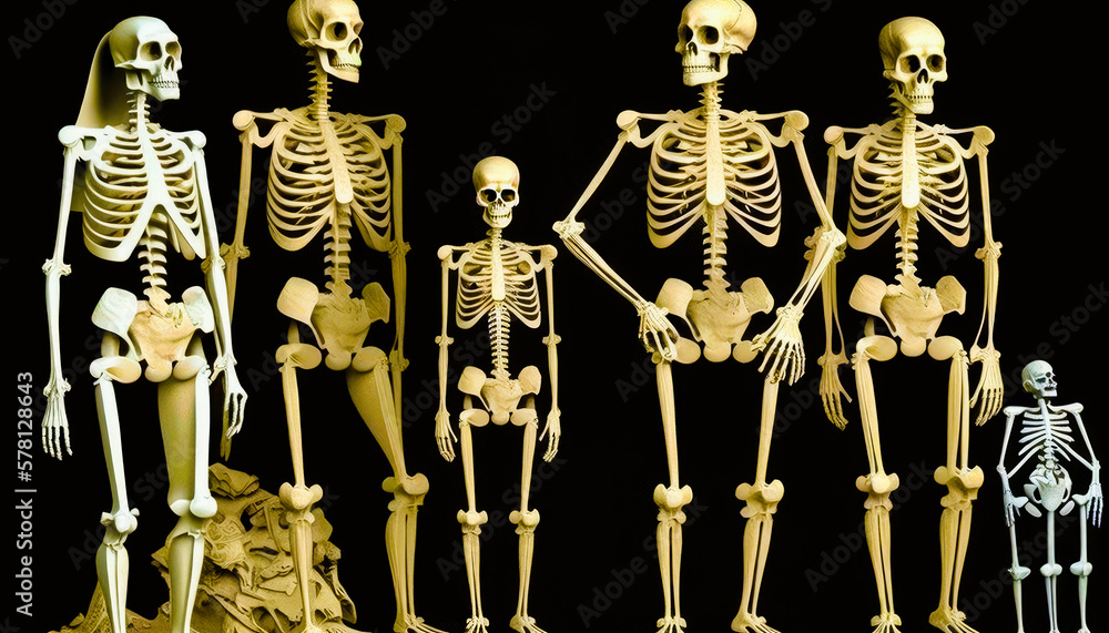 Poster group of skeletons standing next to each other. generative ai.