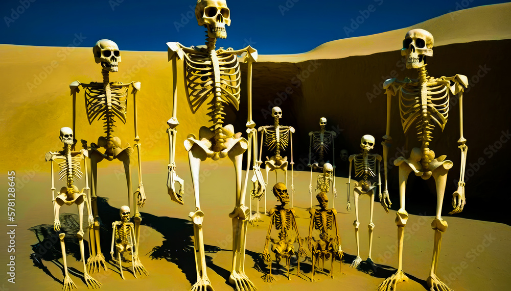Poster group of skeletons standing next to each other. generative ai.
