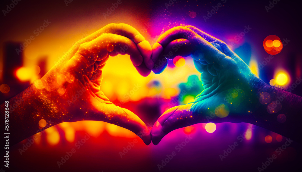 Aufkleber two hands making heart shape with colored lights in the background. generative ai.