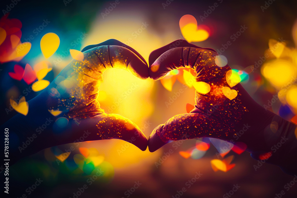 Aufkleber two hands making heart shape with colorful lights in the background. generative ai.