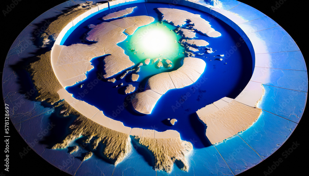 Poster circular picture of an ice shelf with bright light in the middle of it. generative ai.