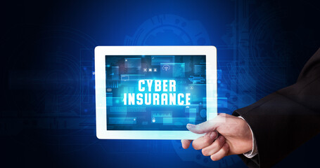 Person holding tablet, security concept