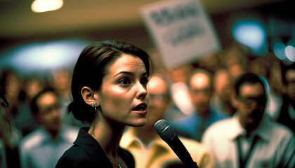 Portrait of a young woman in a suit holding a microphone at a political event. image created with ia - obrazy, fototapety, plakaty