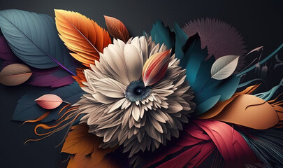  a bunch of colorful flowers with leaves on a black background.  generative ai