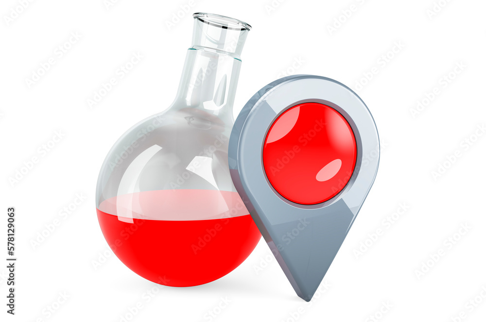 Wall mural chemical flask with map pointer. 3d rendering