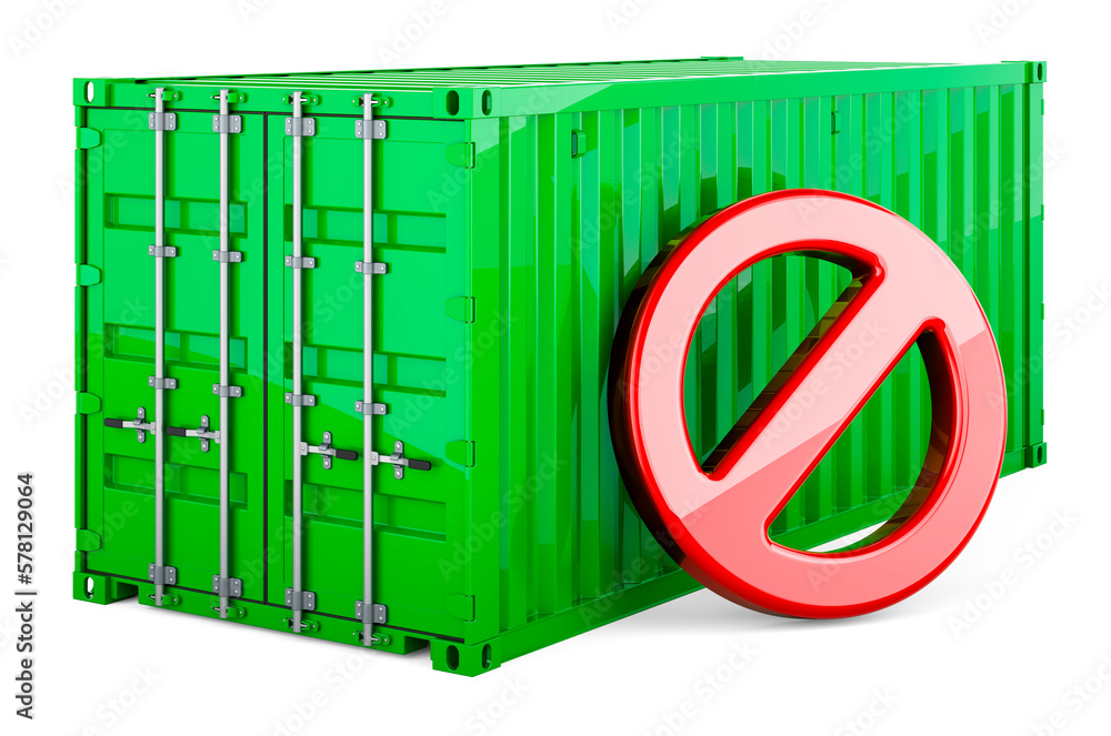 Poster cargo container with forbidden symbol, 3d rendering
