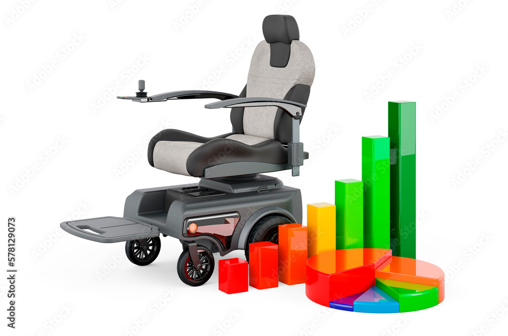 Poster motorized power chair with growth bar graph and pie chart. 3d rendering