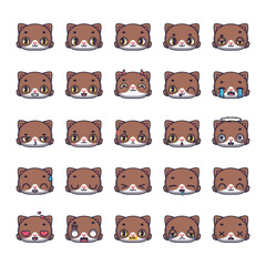 Set of 25 brown cat avatars with various facial expressions, emotes