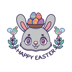 Easter greeting of a jolly bunny with a basket of eggs on their head