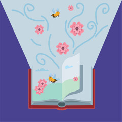 open book with bees and flowers