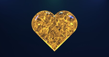 Yellow plasma energy heart on a dark blue background, lightning and fire flashes shimmer inside, 3d rendering