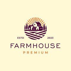 Tuscany Farmhouse concept logo. Template with farm landscape. Label for natural farm products.