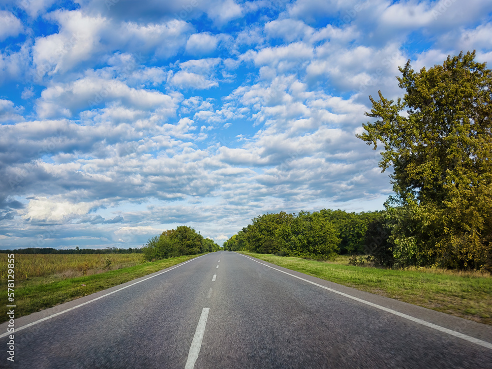 Wall mural Summer empty road, highway. Green trees, fields, white clouds and blue sky