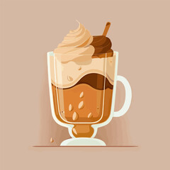 Flat cartoon illustration of cute beautiful glass cup of coffee drink in pastel brown colors