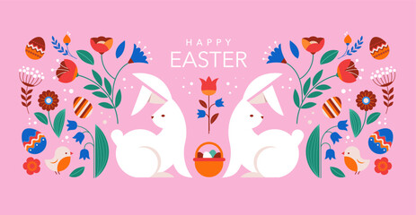 Happy Easter, decorated geometric style Easter card, banner. Bunnies, Easter eggs, flowers and basket. Modern minimalist design