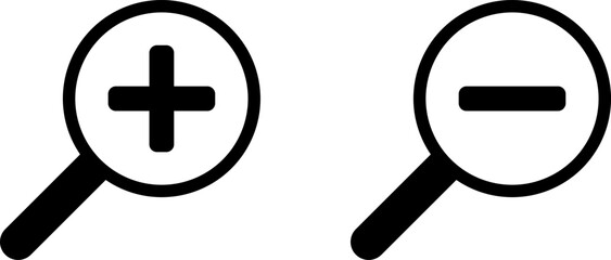 Obraz premium Simple Magnifying Glass Search for Zoom in and Zoom Out Symbol Icon Set with Plus and Minus Sign. Vector Image.