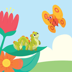 green worm and butterfly scene
