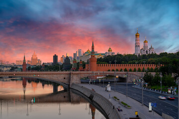 Moscow Kremlin and Moskvoretskaya embankment in Moscow, Russia. Architecture and landmarks of Moscow. Postcard of Moscow