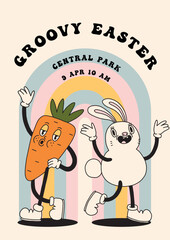 Groovy Happy Easter poster template. Spring character mascot card in retro cartoon style. Cute easter bunny, carrot lettering. Hand drawn isolated vector print design