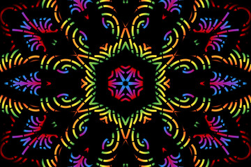 Beautiful caleidoscope symmetrical colourful gradient flowers line art of traditional background batik dayak ornament design template elements
