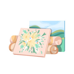 Canvases with drawings set vector illustration. Cartoon isolated square boards wrapping in canvas with pictures of nature from art studio, folded rolls of paper with artwork by artist and painter